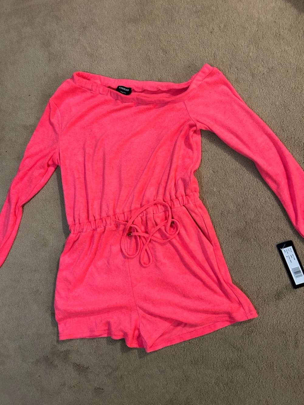 bebe Neon Coral Pink Off-Shoulder Long Sleeve One-Piece Romper